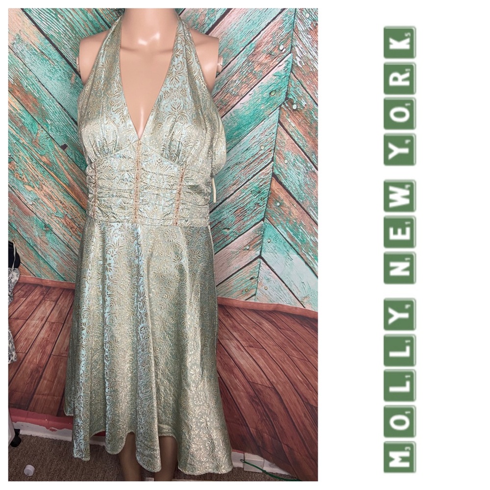 Molly New York Sage Green & Gold Brocade Halter Dress